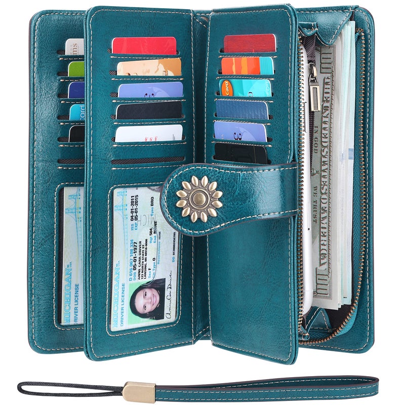 Lavemi Womens Large Capacity Genuine Leather RFID Blocking Wallets Wristlet Clutch Card Holder(1- Peacock Blue) - Image 1